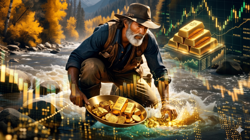 Goldrausch im 21. Jahrhundert: Die Rückkehr des Edelmetalls Ein Goldsucher der im Fluss Gold wäscht und Digitale Charts mit Goldmünzen und Goldbarren