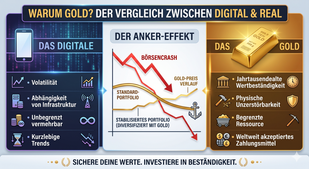 "Warum Gold? Der Vergleich zwischen Digital & Real" Linke Seite (Das Digitale): Smartphone-Icon mit Stichpunkten wie "Volatilität," "Abhängigkeit von Infrastruktur," "unbegrenzt vermehrbar" und "kurzlebige Trends." Rechte Seite (Das Gold): Ein glänzender Goldbarren mit den Punkten "Jahrtausendealte Wertbeständigkeit," "physische Unzerstörbarkeit," "begrenzte Ressource" und "weltweit akzeptiertes Zahlungsmittel." Mitte (Der Anker-Effekt): Eine Grafik, die zeigt, wie Gold ein Portfolio bei Börsencrashs stabilisiert, mit einem echten Anker, der die stabilen Linien im Liniendiagramm hält. Footer: Der Call-to-Action "Sichere deine Werte. Investiere in Beständigkeit." am unteren Rand.