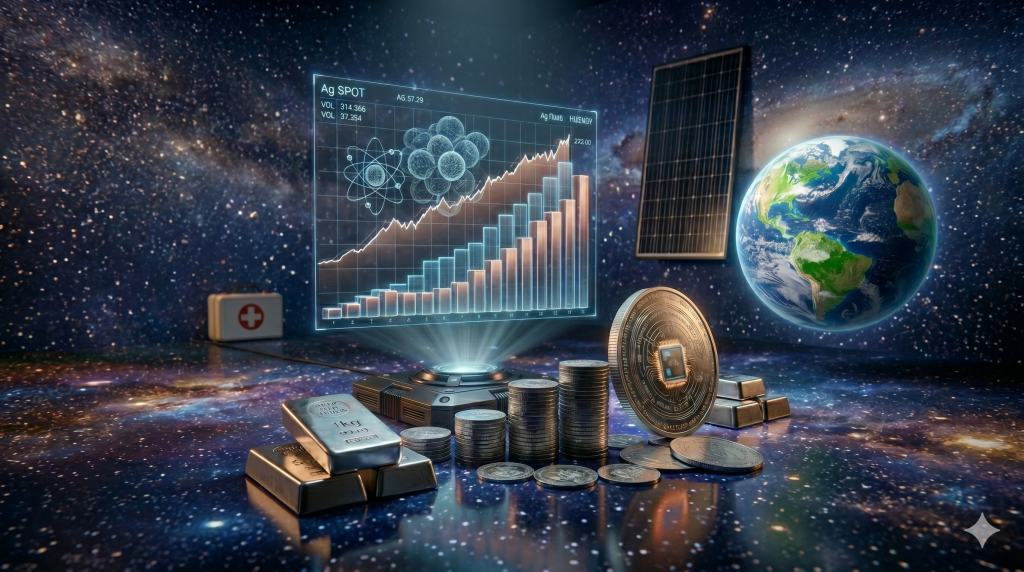 Silber: Das unterschätzte Edelmetall der Zukunft | Warum jetzt die Zeit für Silber ist Galaxy im Hintergrund und im Vordergrund sieht man einen Digitalen Chart Silbermünzen und Silberbarren