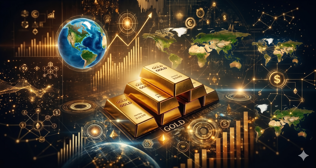 Das Bild zeigt die Welt, Digitale Diagramme und Goldbarren