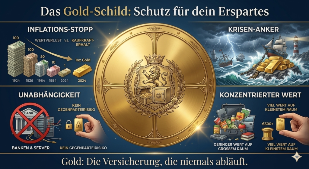 Das Gold-Schild Grafiken zu Gold, Inflation, Unabhängigkeit