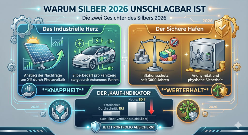 „Infografik mit dem Titel ‚Warum Silber 2026 unschlagbar ist – Die zwei Gesichter des Silbers 2026‘. Die Darstellung ist in zwei Bereiche unterteilt: Links das ‚Industrielle Herz‘ mit Icons für Solarpaneele und Elektroautos, die steigende Nachfrage und Knappheit symbolisieren. Rechts der ‚Sichere Hafen‘ mit einer Waage und einem Tresor als Symbole für Inflationsschutz und Werterhalt. Im unteren Teil vergleicht ein Diagramm das Gold-Silber-Verhältnis (historisch 15:1 vs. aktuell 80:1) als Kauf-Indikator. Ein Call-to-Action-Button rät: ‚Jetzt Portfolio absichern!‘“