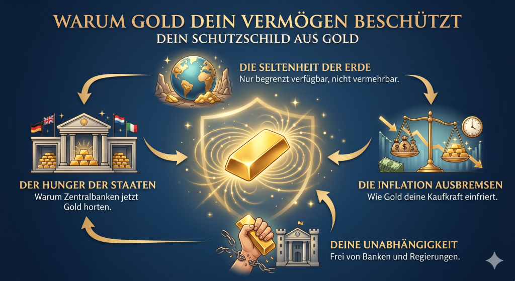 Infografik „Warum Gold dein Vermögen beschützt“. Vier illustrierte Säulen umgeben einen strahlenden Goldbarren als Schutzschild: Seltenheit, Schutz vor Inflation, Unabhängigkeit und staatliche Goldreserven.
