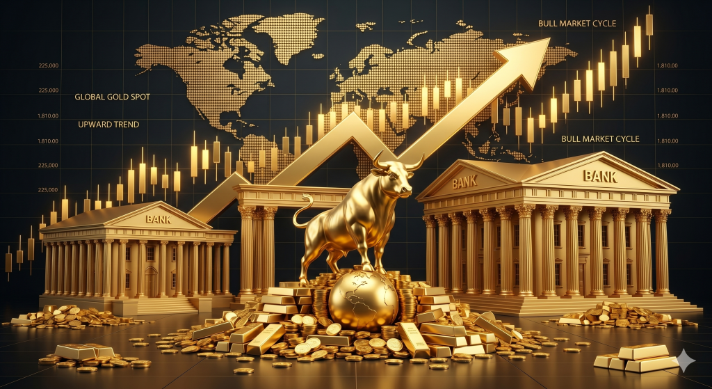 Goldener Stier auf Goldbarren vor ansteigenden Finanzcharts.