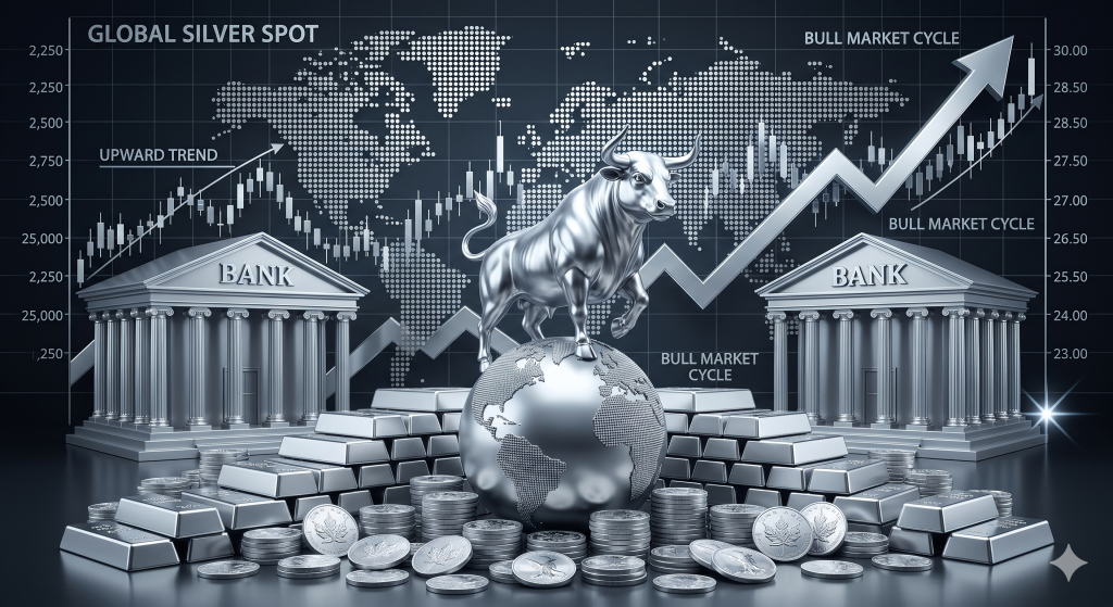 Silber-Bullenmarkt: Der stille Gigant erwacht Silberner Stier auf einem Globus, umgeben von Silberbarren und Münzen vor einem weltweit aufsteigenden Finanz-Chart.