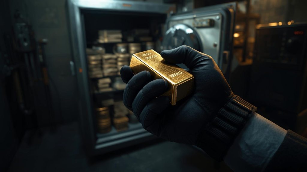 Wertvolle Sicherheit zum Anfassen Eine Hand in schwarzen Handschuhen hält einen massiven Goldbarren vor einem geöffneten Tresor mit weiteren Edelmetallreserven.