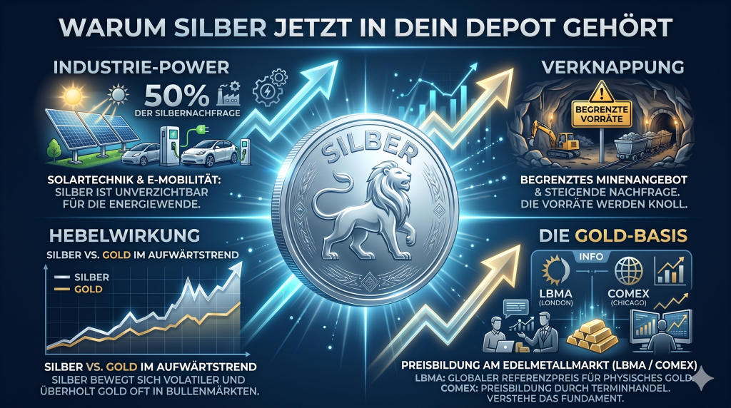 Silber – Der glänzende Hebel für dein Depot Infografik „Warum Silber in dein Depot gehört“: Darstellung von Industrie-Nachfrage, Minen-Verknappung, Hebelwirkung gegenüber Gold und Preisbildungs-Grundlagen.