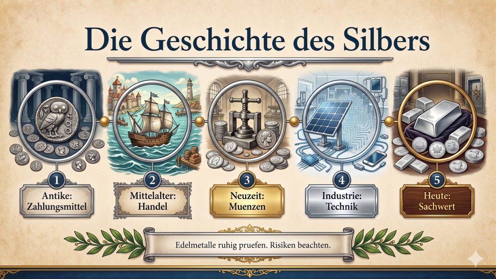 geschichte-des-silbers-infografik Infografik "Die Geschichte des Silbers" im 16:9 Format mit fünf historischen Epochen: 1. Antike als Zahlungsmittel mit Eulenmünze, 2. Mittelalter-Handel mit Segelschiff, 3. Neuzeit-Münzen mit historischer Prägepresse, 4. Industrie-Technik mit Solarpanel und 5. Heute als Sachwert mit Silberbarren und Anlagemünzen.
