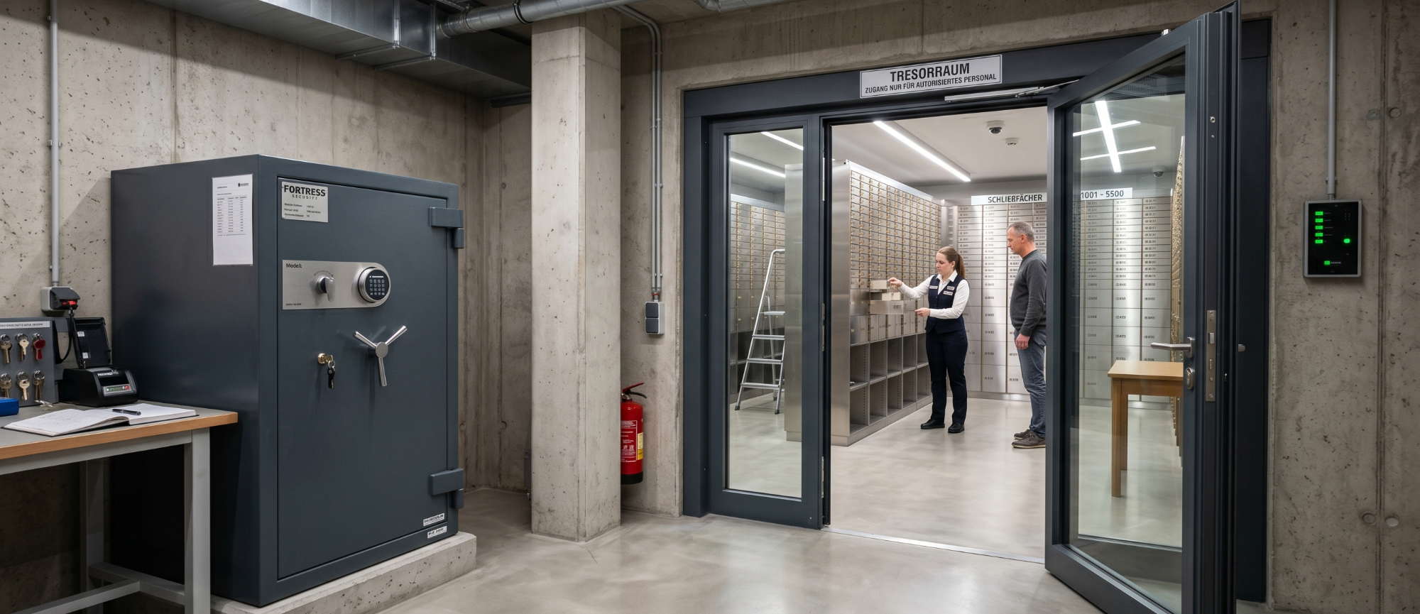 Vermögen richtig sichern: Tresor, Keller oder Schließfach? Sichere, moderne Lagerhalle mit einer Stahltür und zwei Personen im Hintergrund.