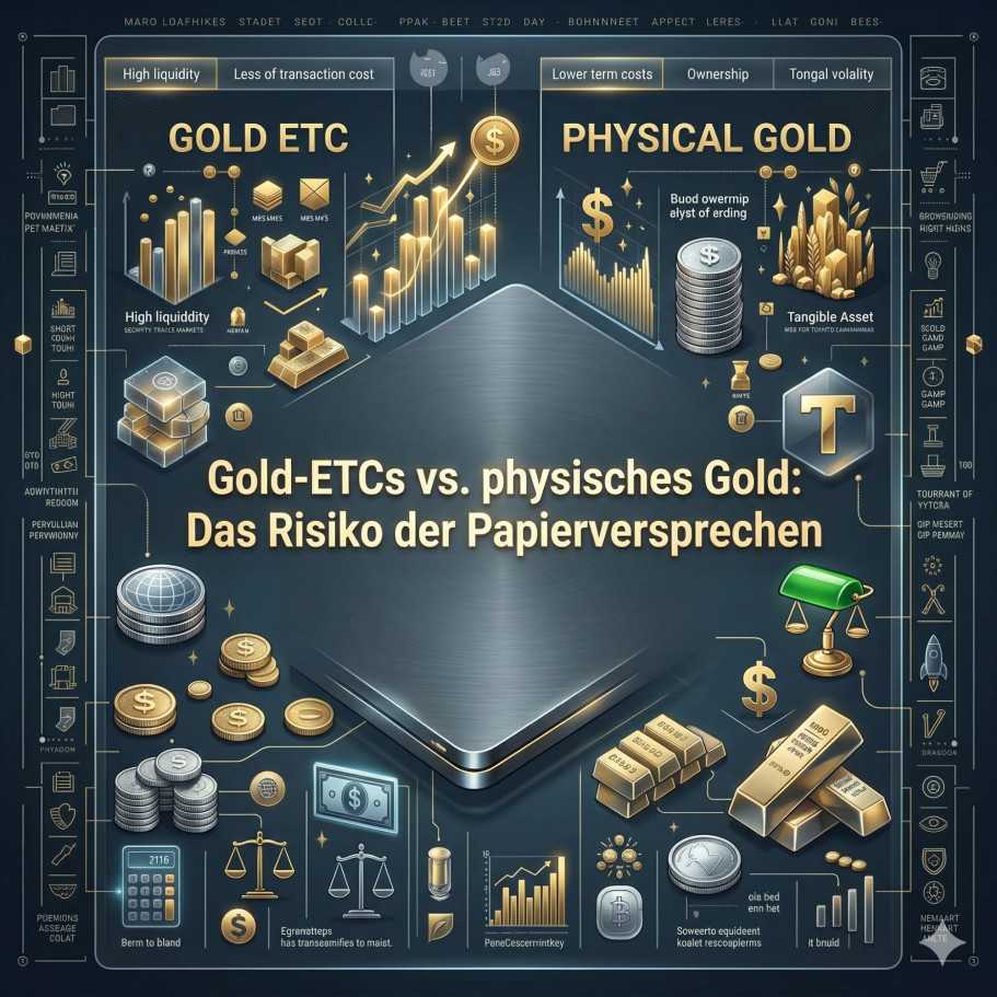 Gold-ETCs und physisches Gold mit Finanzsymbolen und Risiko-Hinweis.