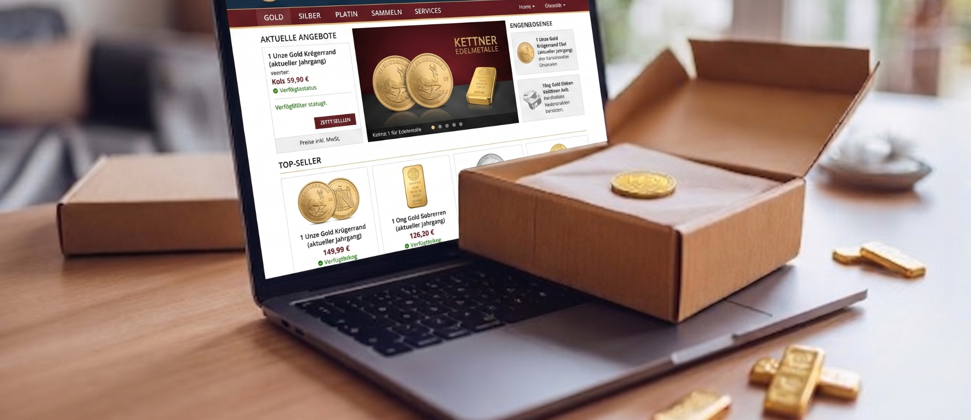 Transport-Risiko bei Gold Ein Laptop zeigt eine Edelmetall-Webseite auf dem Bildschirm, während ein geöffneter Karton mit einer Goldmünze und weitere kleine Goldbarre