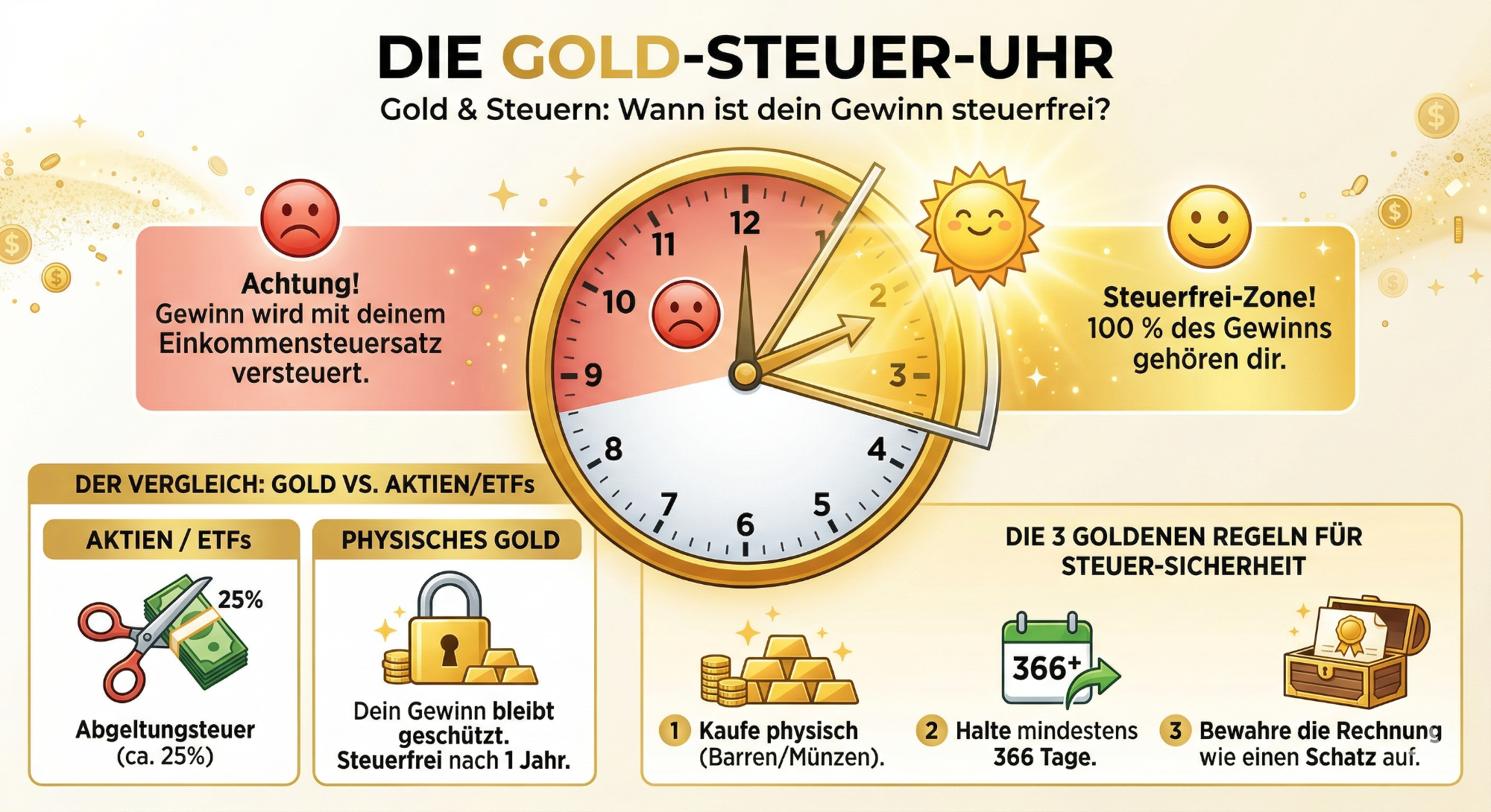 Grafik mit einer Uhr und Informationen zur Gold-Steuer-Uhr für die Steuererklärung.