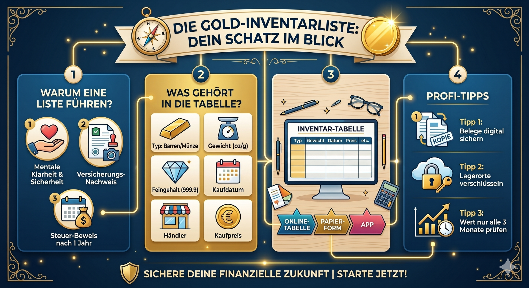 gold-anlegen-einsteiger-inventarliste-infografik Infografik „Die Gold-Inventarliste: Dein Schatz im Blick“ für Einsteiger. Sie zeigt die Vorteile einer Inventartabelle beim Gold-Investment,