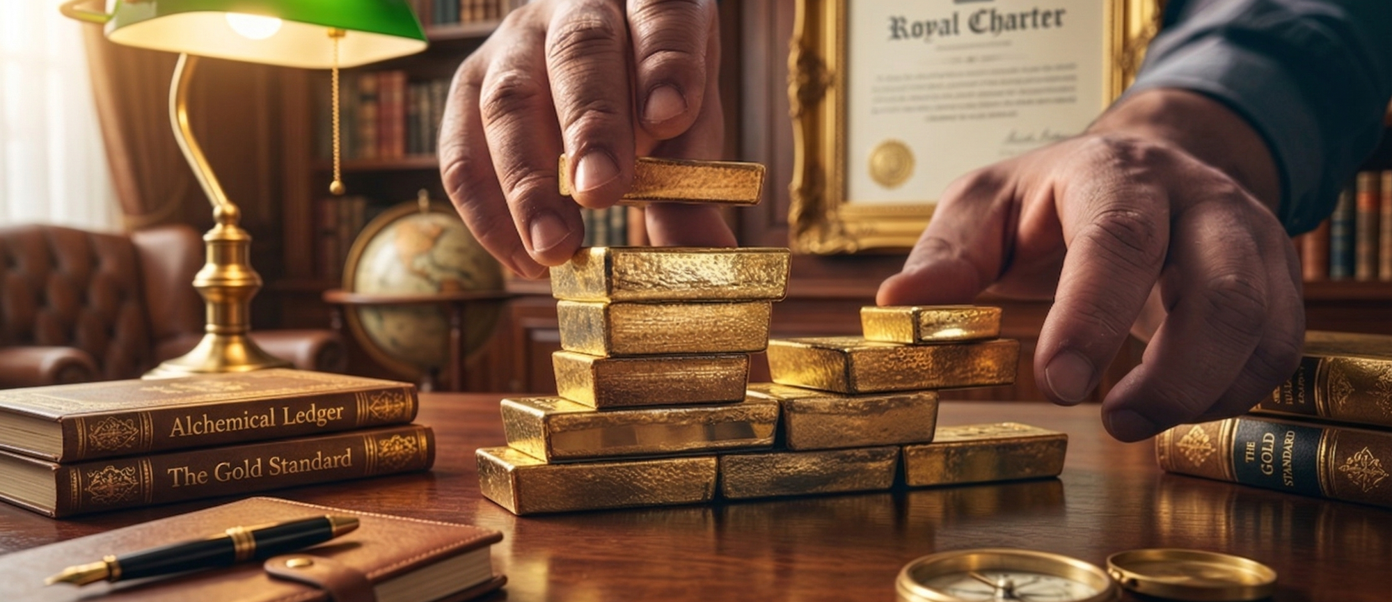 Goldbarren auf einem Tisch, daneben ein Buch  und eine Lampe.