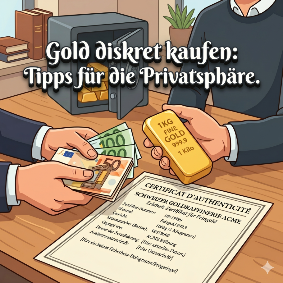 Lektion 48. Hände tauschen Geld und eine Goldunze, im Hintergrund ein Tresor mit Dokumenten.