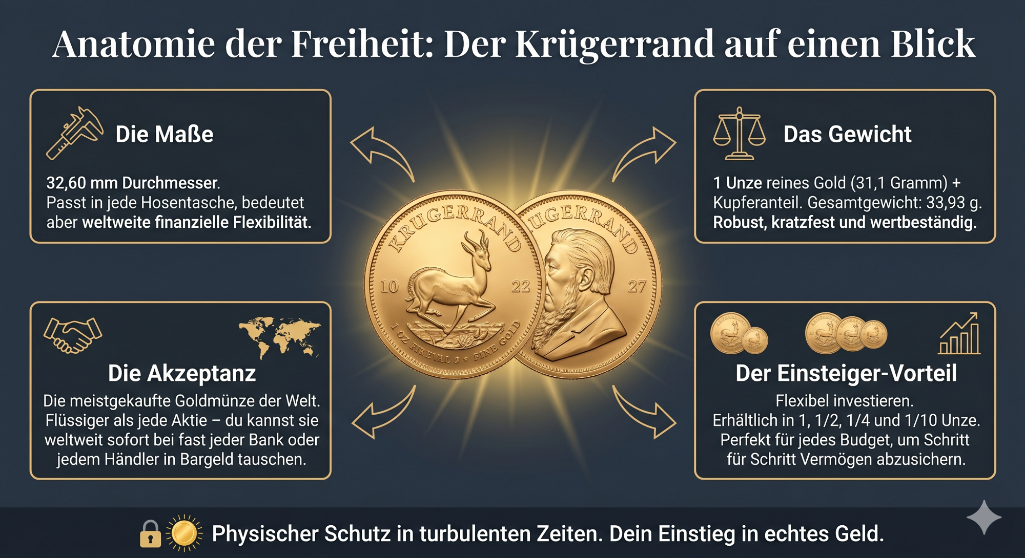Infografik: Vorteile des Krügerrand Dunkle Infografik mit Krügerrand-Goldmünze und vier Informationsfeldern: Maße, Gewicht, Akzeptanz, Einsteigervorteile.