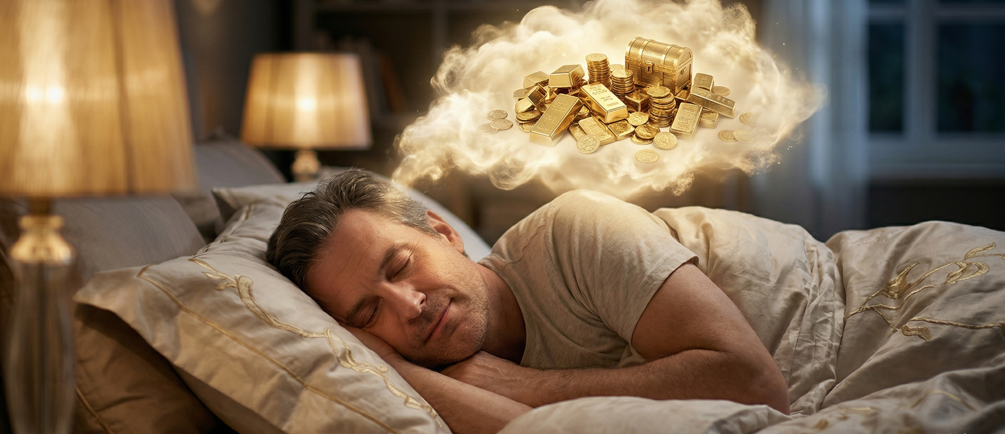 Mann schläft ruhig im Bett, darüber schwebt eine Wolke mit goldenen Gedanken.