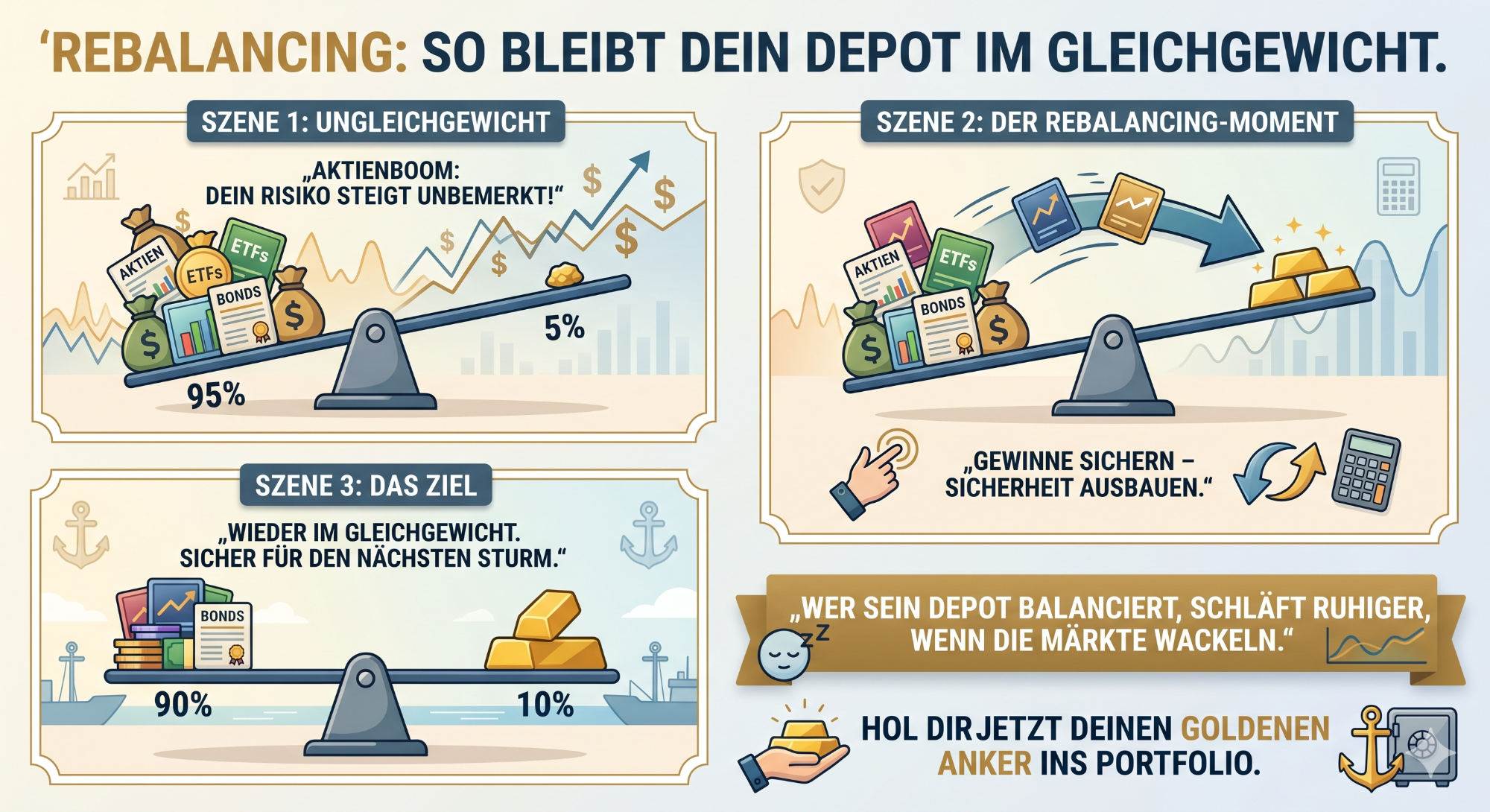 Portfolio-Rebalancing mit Gold Infografik zur Depotrebalancierung mit Grafiken und Prozentsätzen für Anlagestrategien.
