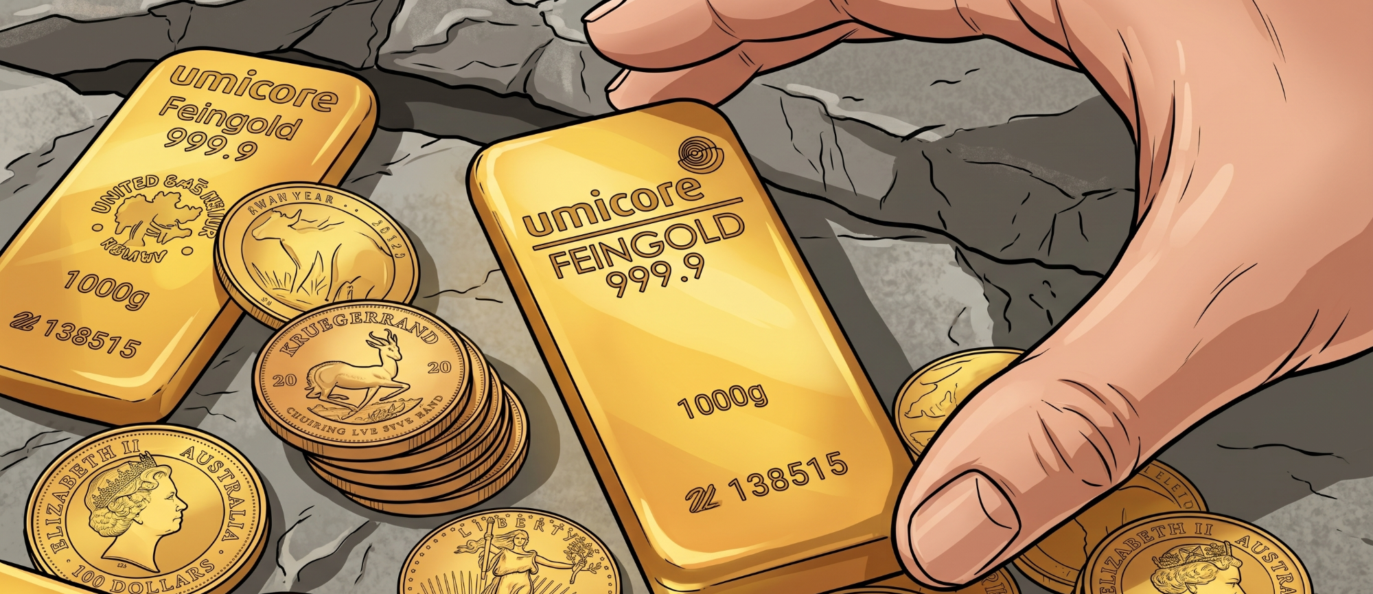 „Anonym Gold kaufen 2026: Aktuelle Gesetzeslage und Grenzwerte“ Comic-Illustration einer Hand, die nach Gold greift, mit dem Text: "Anonym Gold kaufen: Was ist 2026 noch erlaubt?".