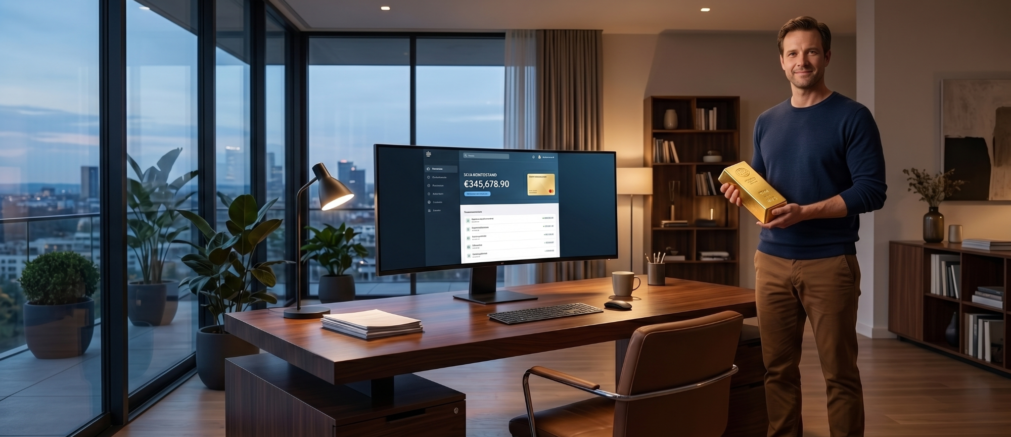 waehrungssystem-und-gold-werterhalt Moderner Arbeitsplatz mit Blick auf die Stadt; im Vordergrund zeigt ein Bildschirm digitales Geld, während ein Mann ein Goldbarren hält