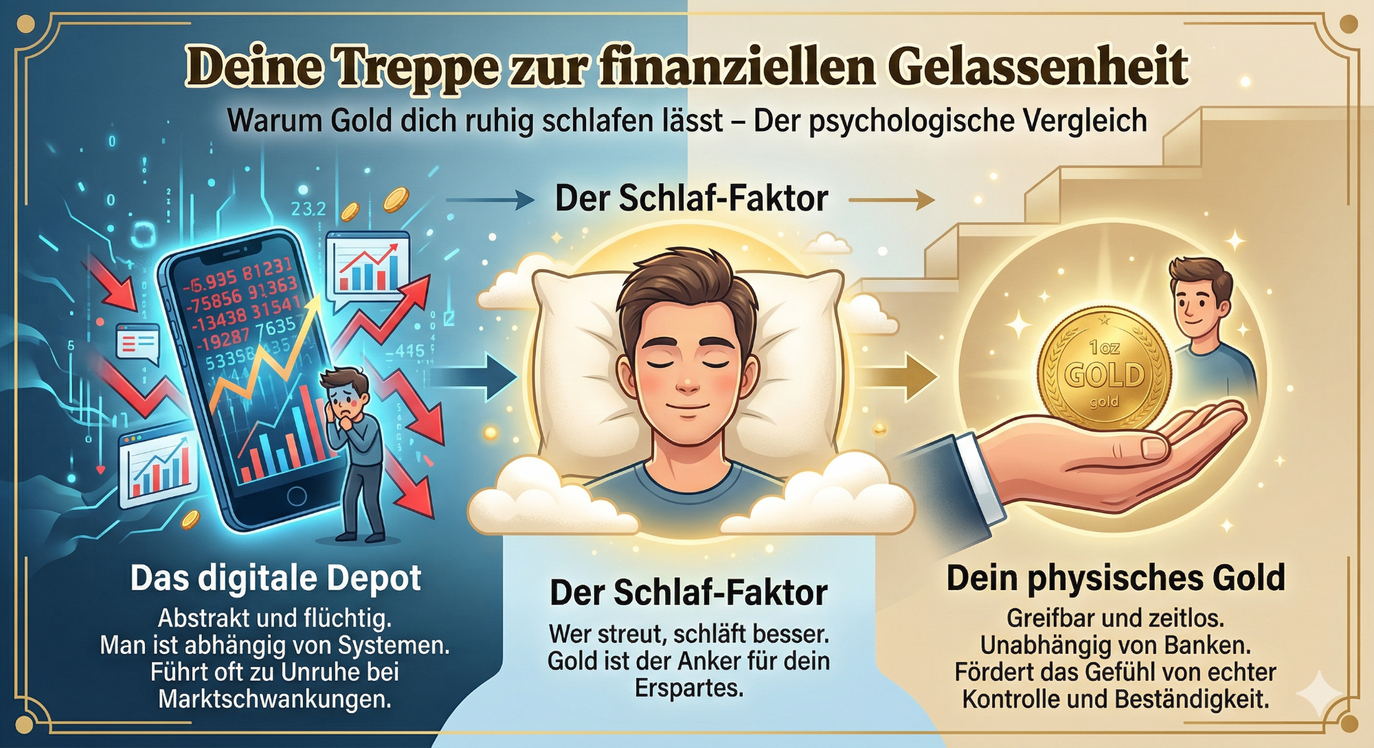 Junge mit Smartphone, Diagramm zu finanzieller Gelassenheit und psychologischen Aspekten. 
