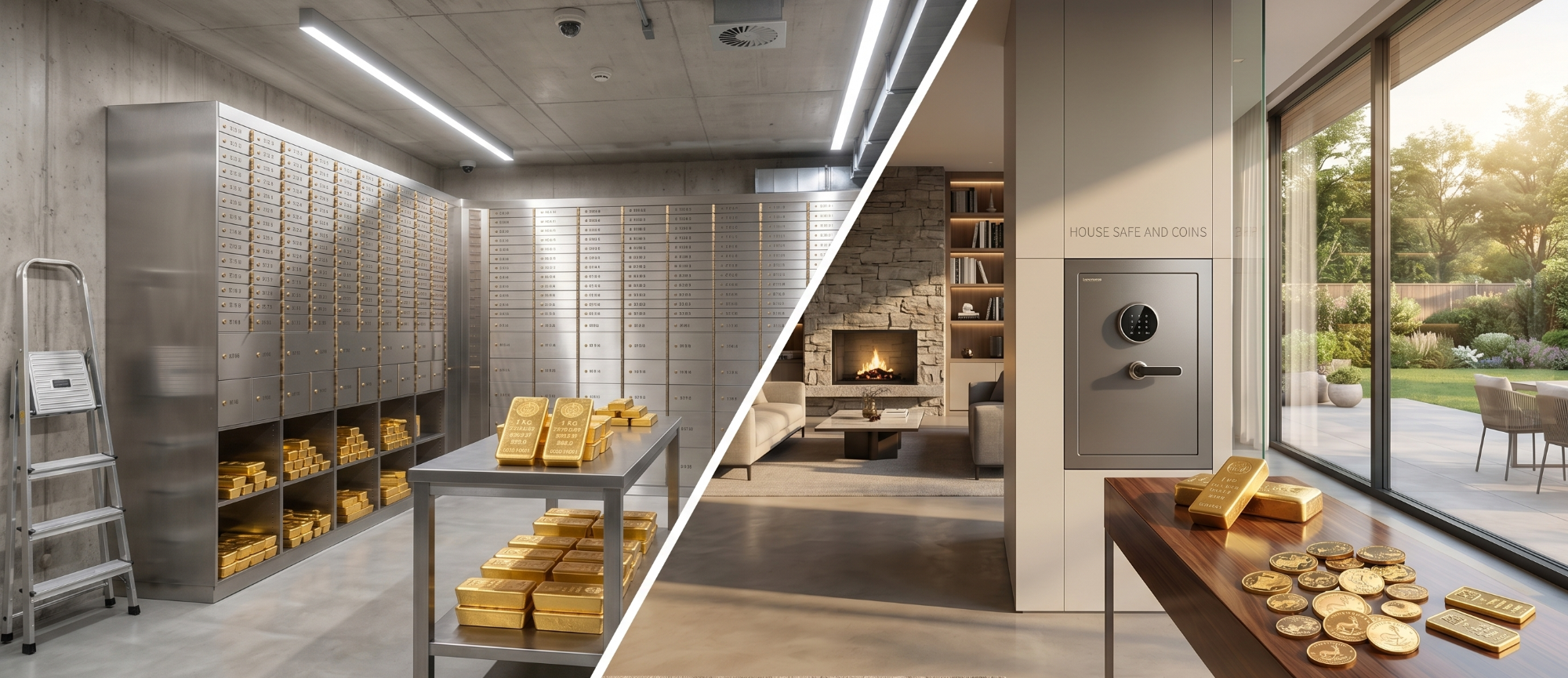 Schließfach oder Heimtresor: Wo ist dein Gold wirklich sicher? Ein Schließfachraum mit Goldbarren und ein moderner Wohnbereich mit einer Fensteransicht und Heimtresor.