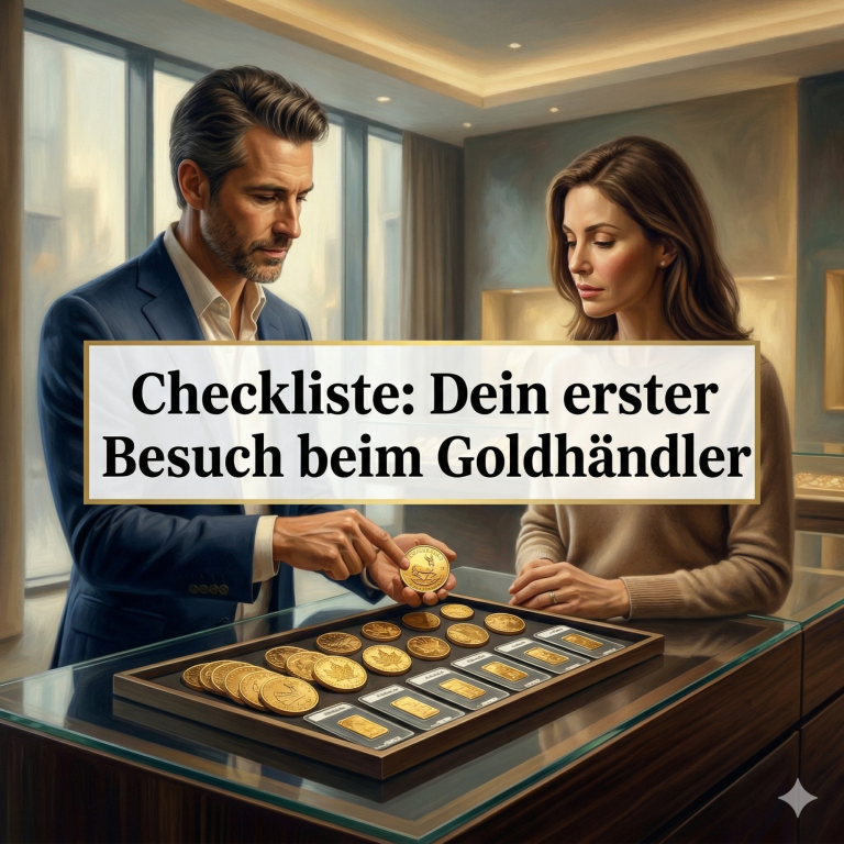 Mann und Frau betrachten eine Goldmünzenauswahl in einem eleganten Raum.