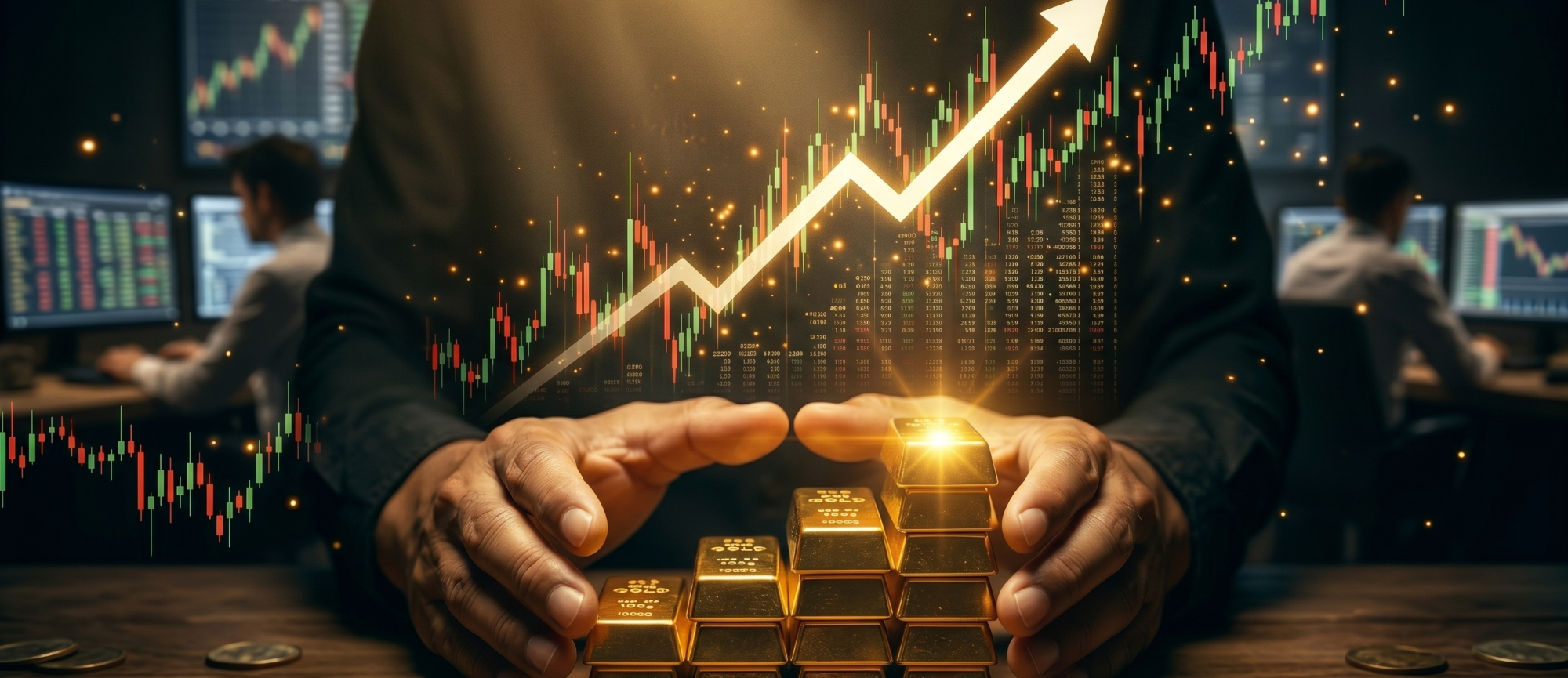 Physisches Gold als wertstabile Basis für steuerfreies Wachstum Physisches Gold mit wachsendem Börsenchart als Symbol für steuerfreie Wertsteigerung.