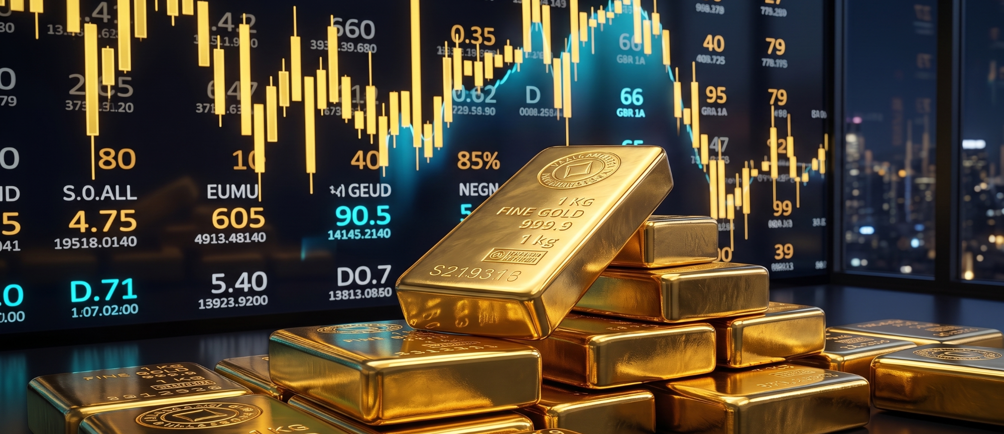 Gold & Zinsen Goldbarren vor einem Finanzdiagramm mit steigenden und fallenden Kurven.