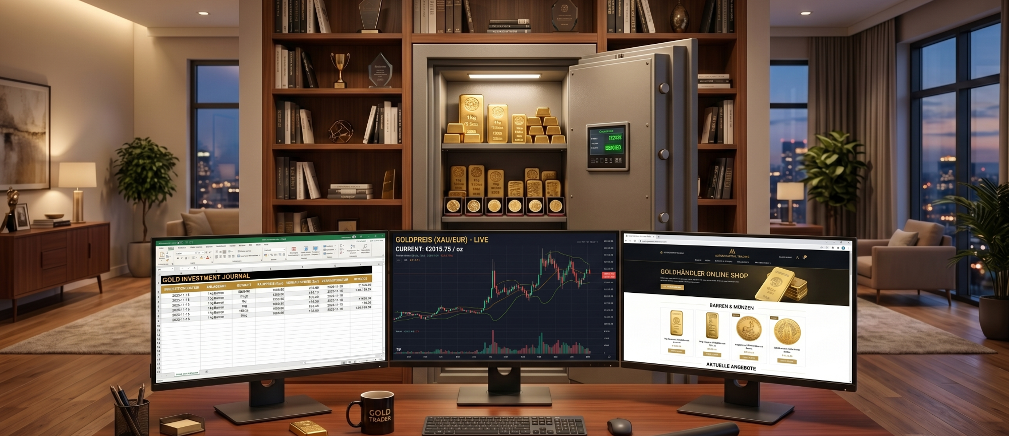 professionelle-gold-investition:-analyse-und-sichere-verwahrung Drei Monitore mit Goldpreis-Charts und Tabellen auf einem Schreibtisch vor einem geöffneten Tresor voller Goldbarren.