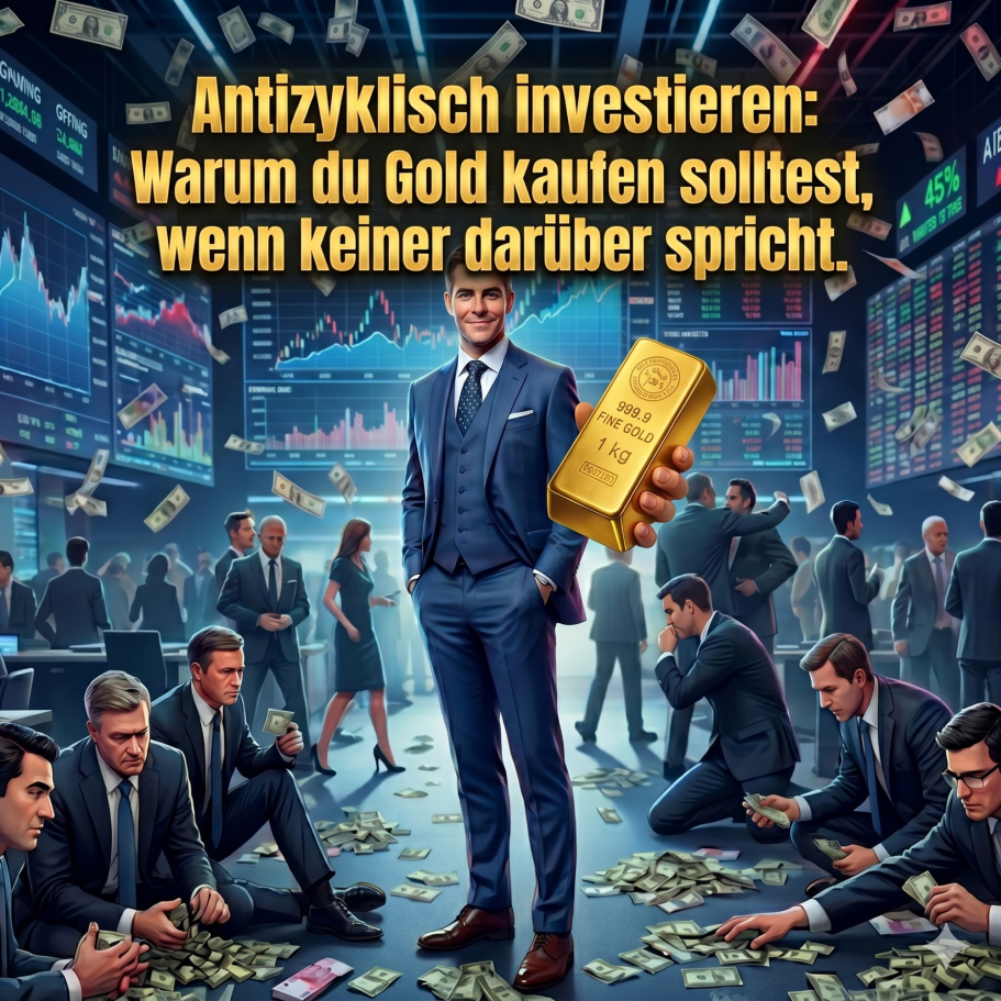 Lektion 34. Mann in Anzug hält Goldbarren, umgeben von Geld und Handelsgrafiken.