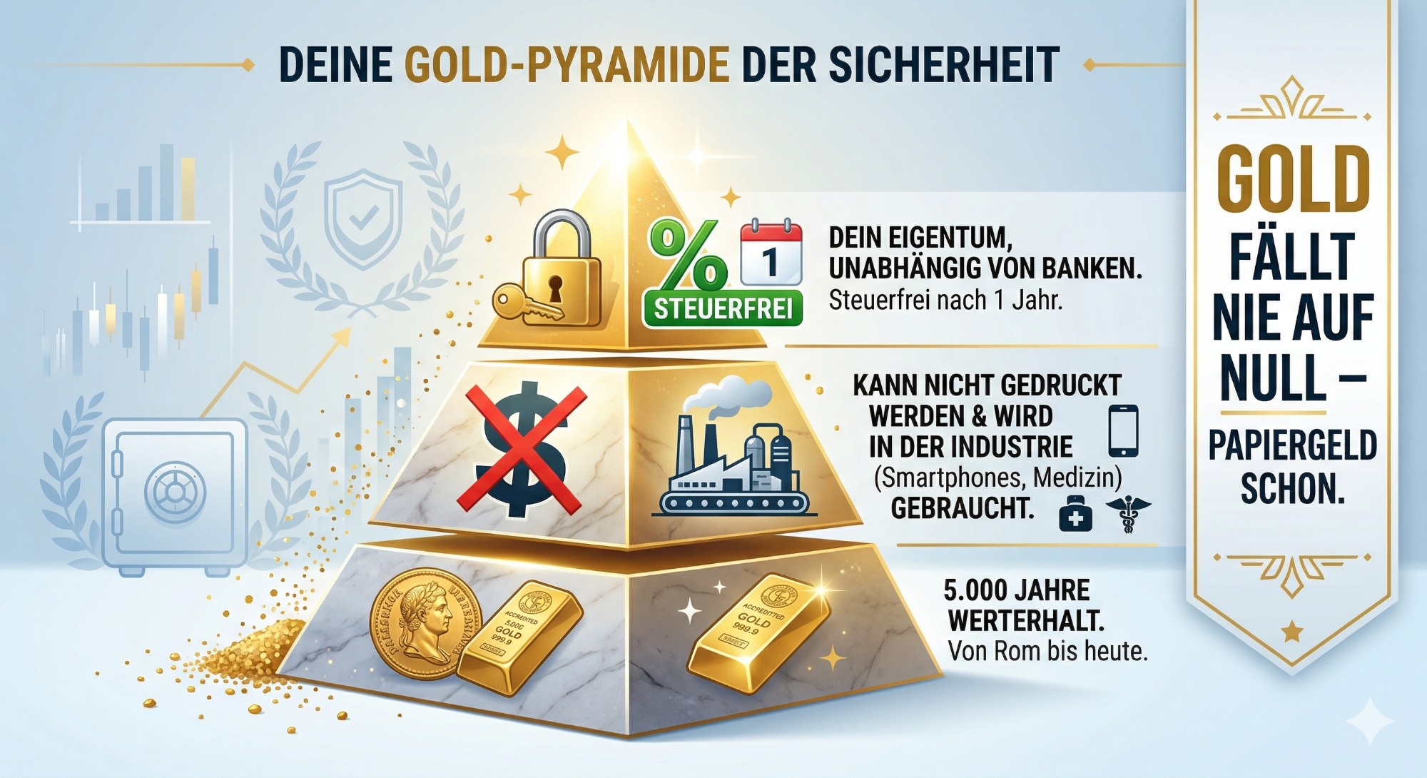Gold-Pyramide zur Sicherheit: Stufen mit Informationen zu Investitionen und Sicherheit.