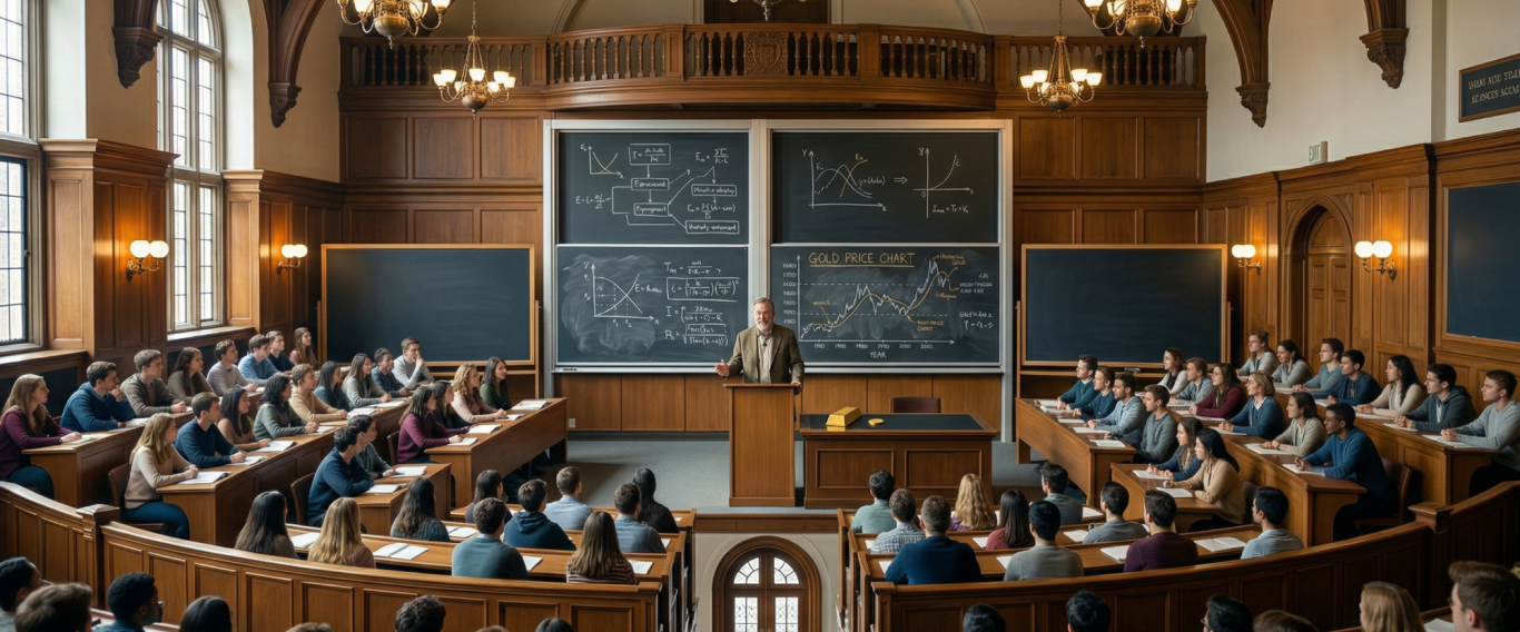 Vorlesungssaal mit einem Dozenten und vielen Studierenden, Holzverkleidung und Tafeln mit einem abgebildeten Gold-Chart.