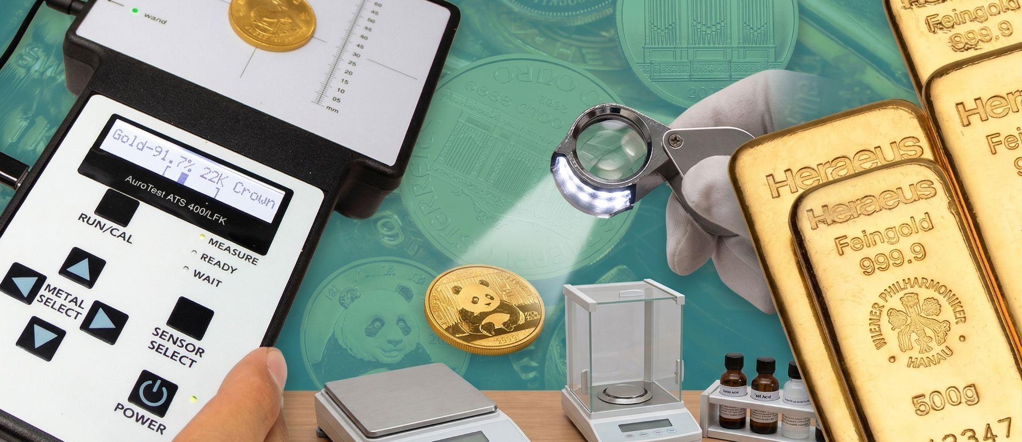 Hand hält Lupe über Goldmünze, daneben Geräte zur Analyse und wiegen von Edelmetallen.