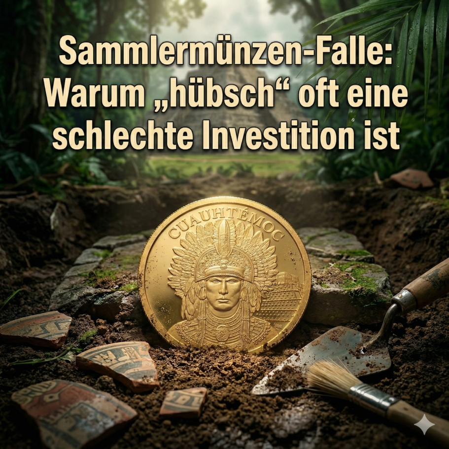 Goldmünze auf Erde mit Schaufel und Pinsel, Titel über Sammlermünzen und Investitionen.