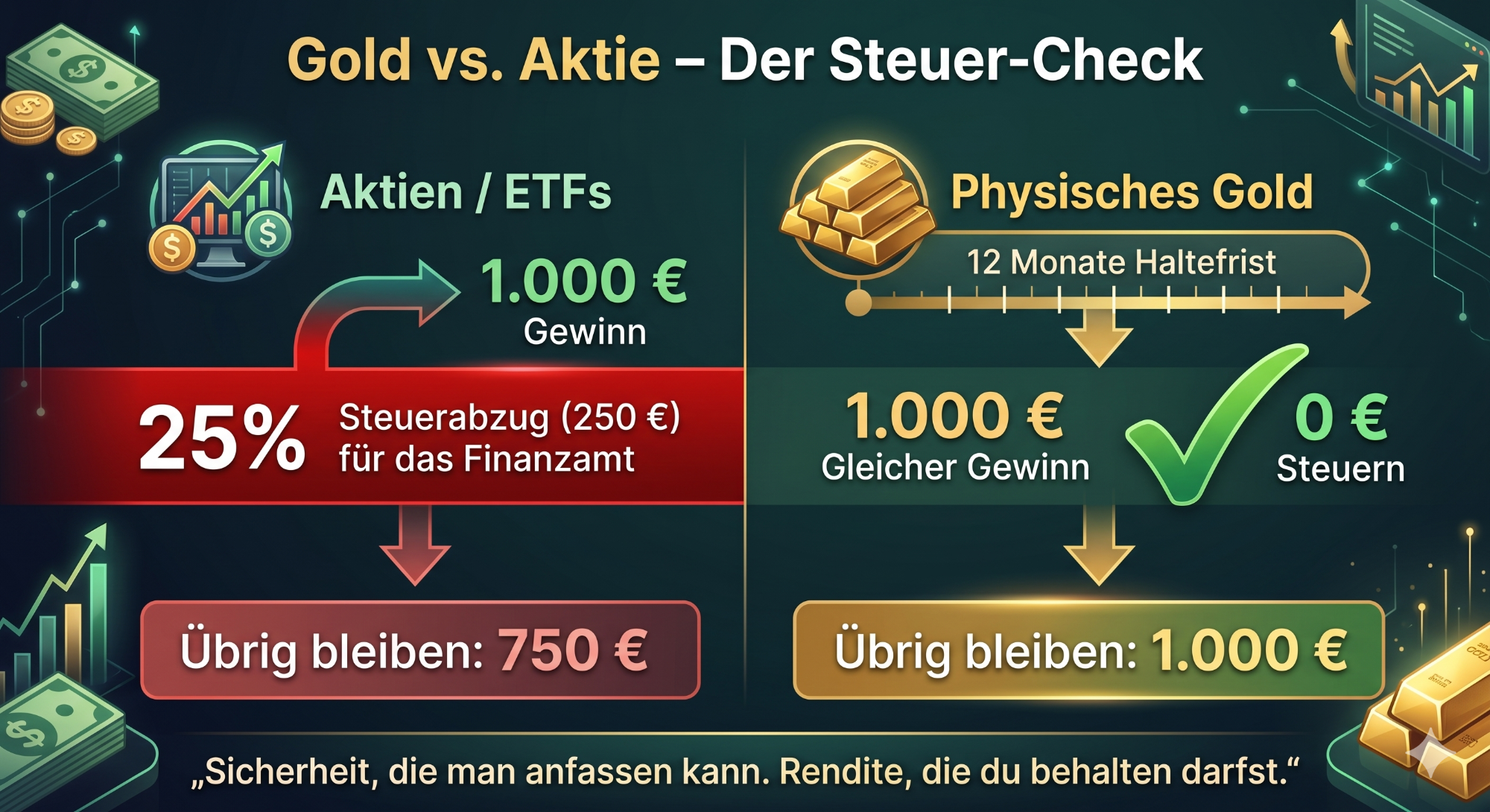 Gold vs Aktien - Der Steuer-Check Ein Vergleich der Steueranpassungen zwischen Aktien und physischem Gold.