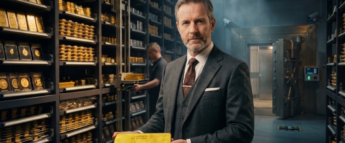 Professioneller Investor mit Goldbarren im Hochsicherheits-Goldlager Ein Mann hellt einen Goldbarren in einem Tresorraum voller Gold.