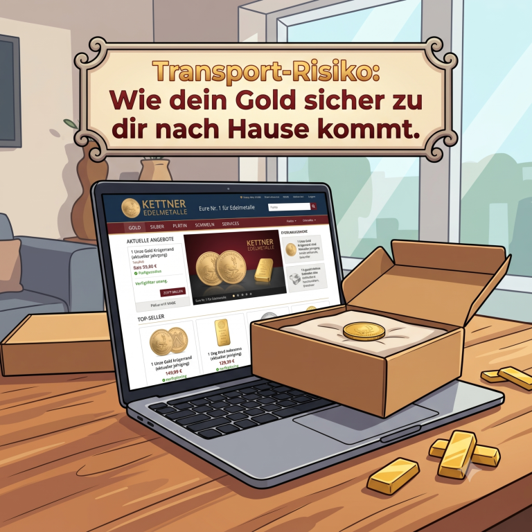 Edelmetall-Versand: Sicherer Transport von Gold nach Hause Cartoon-Illustration: Ein Laptop zeigt einen Edelmetall-Onlineshop, ein geöffneter Karton mit einer Goldmünze liegt davor auf dem Holztisch.