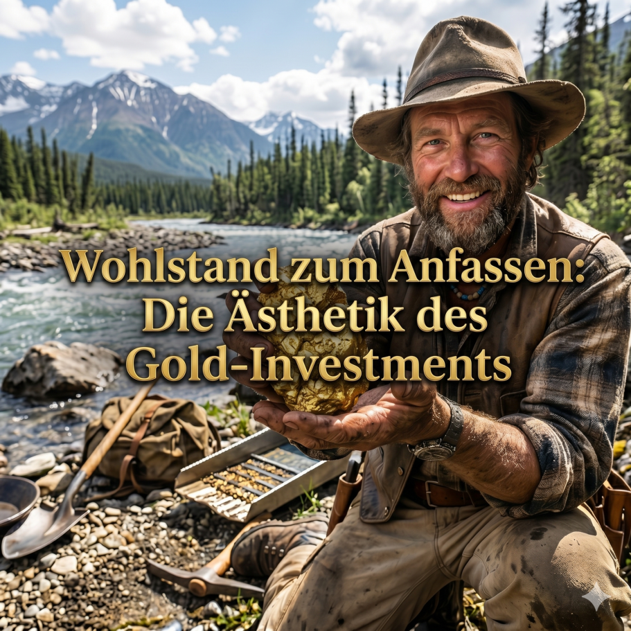 Lektion 52. Ein lächelnder Mann hält Goldnuggets in einem natürlichen Flussumfeld.