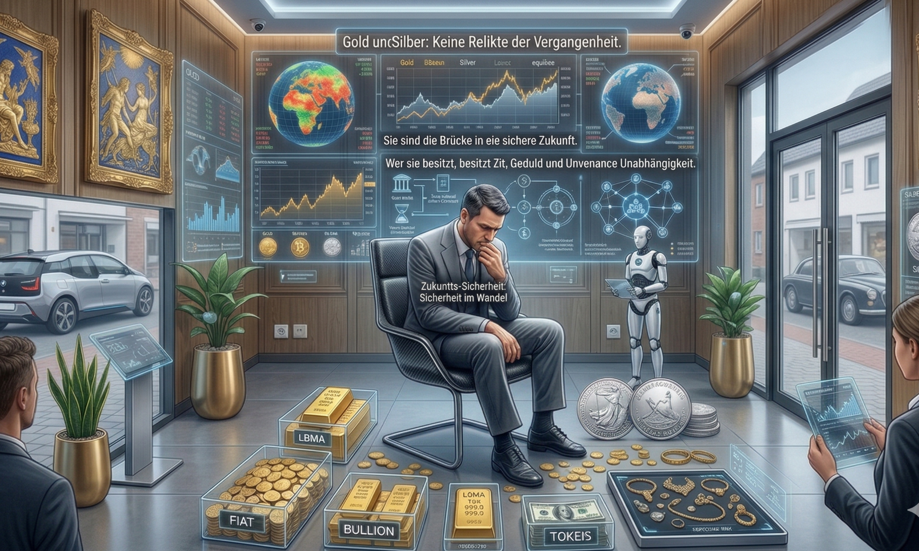 Mann in Anzug sitzt nachdenklich in Büro mit Goldbarren, Grafiken und einem Roboter.