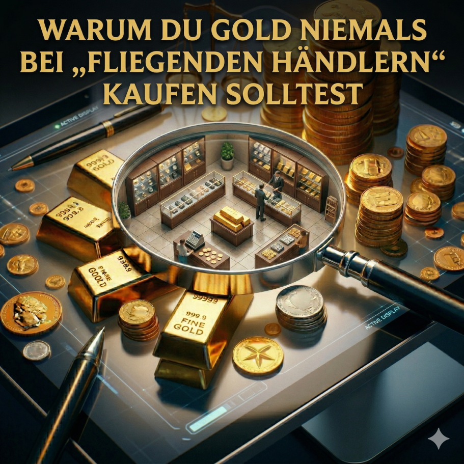 Text mit großem Titel über den Kauf von Gold bei fliegenden Händlern, umrahmt von Goldbarren und Münzen.