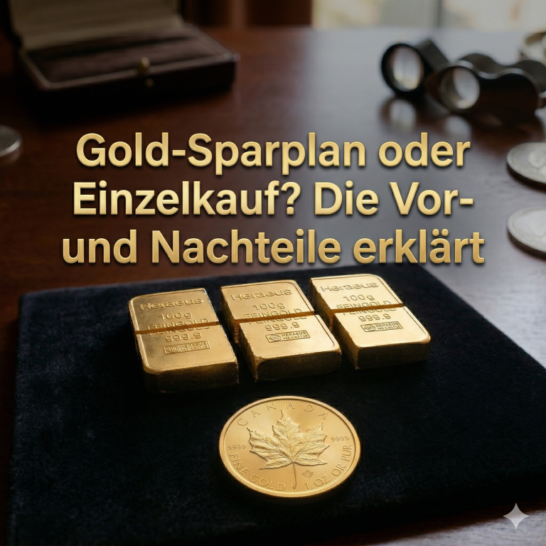 Goldbarren und eine Goldmünze auf einem schwarzen Tuch, mit schriftlichem Text.