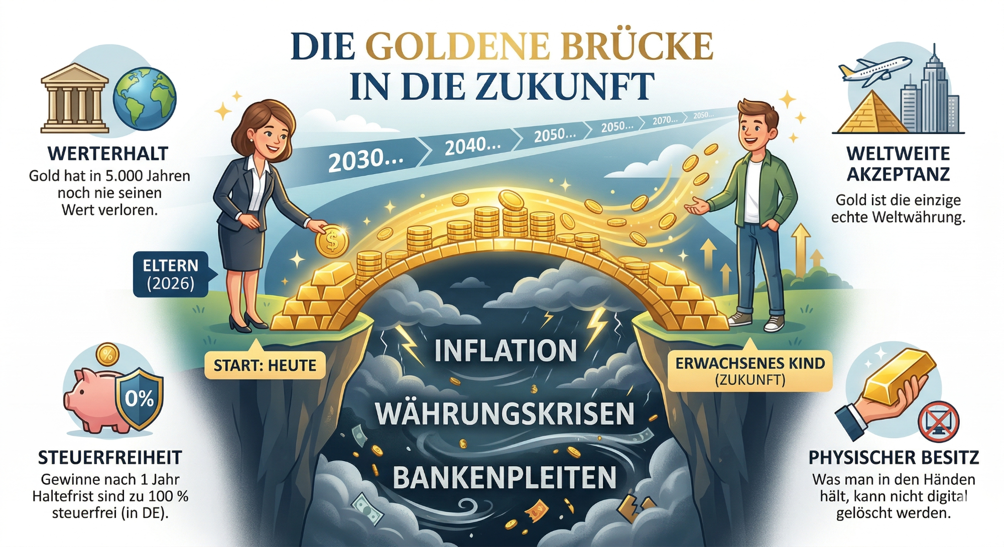 Grafik mit einer Goldenen Brücke und Symbolen für Wirtschaft, Inflation, Währungskrisen und Bankenpleiten.