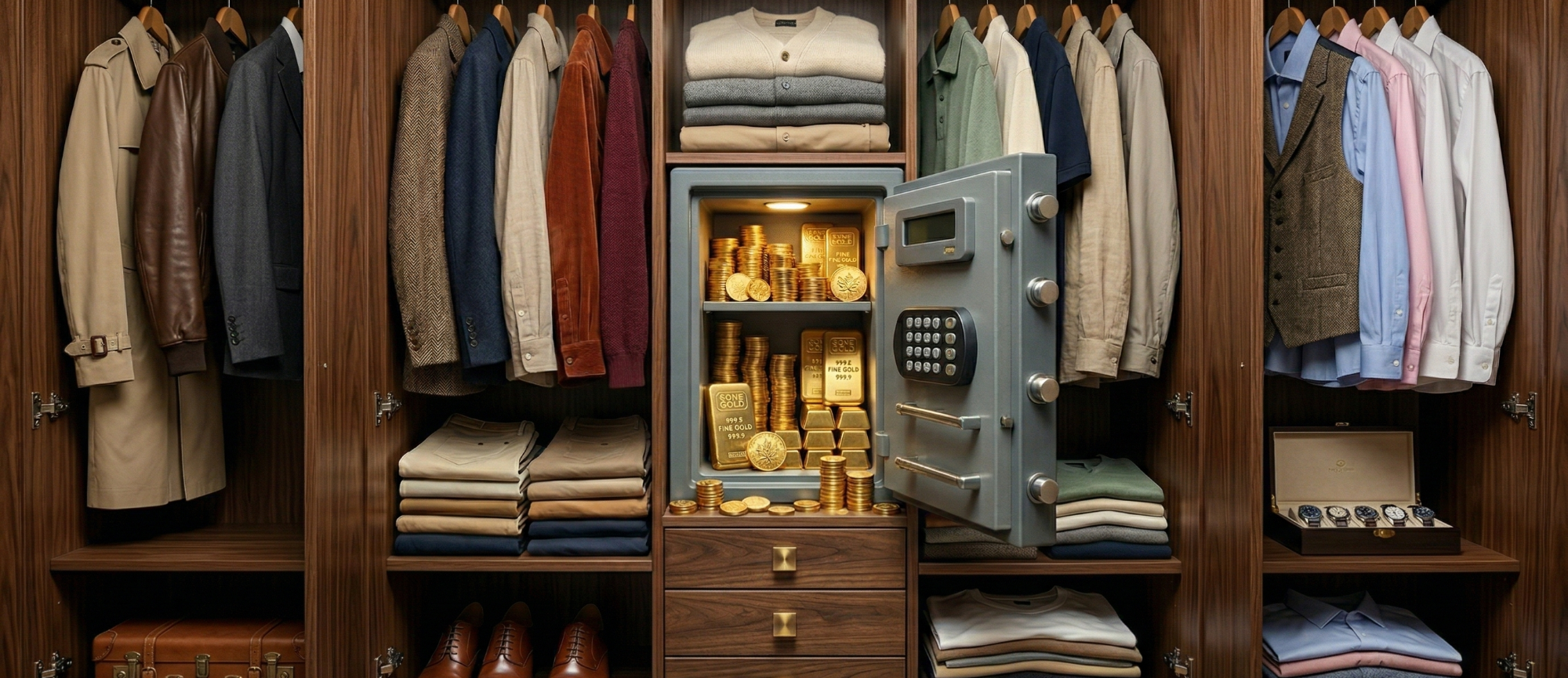Eine elegante Garderobe mit Anzügen, Hemden und einem offenen Safe in der Mitte.
