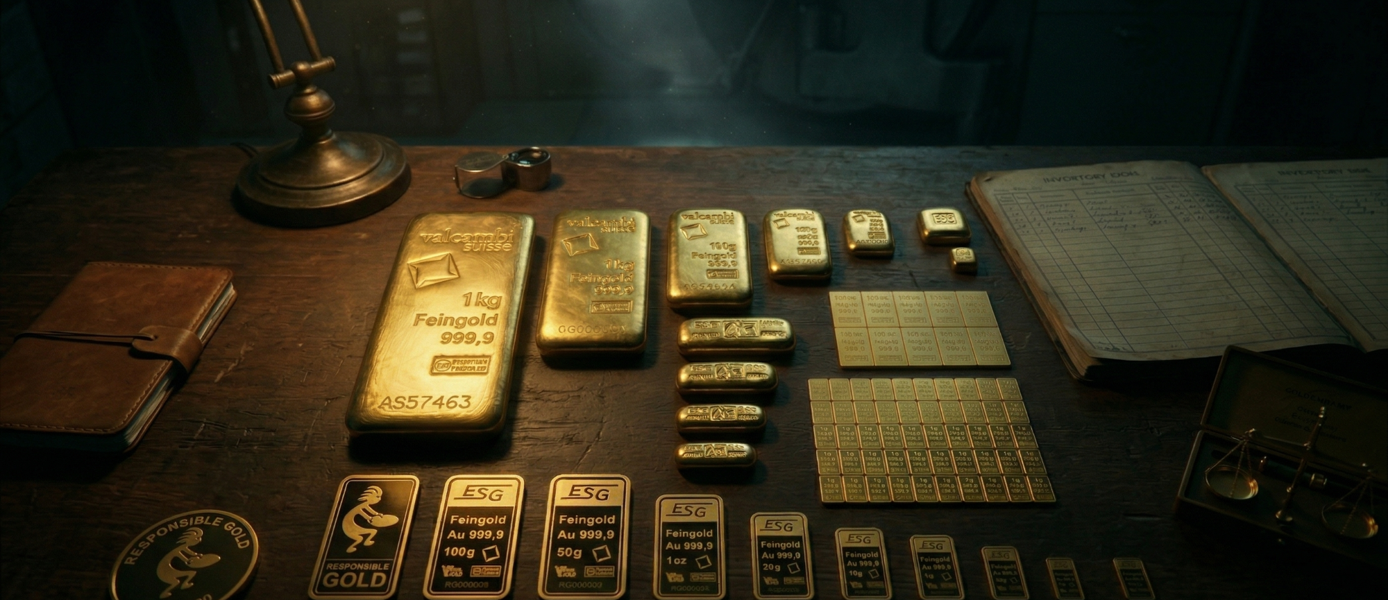 Goldbarren und Münzen auf einem Tisch, daneben ein aufgeschlagenes Buch und eine Lampe.