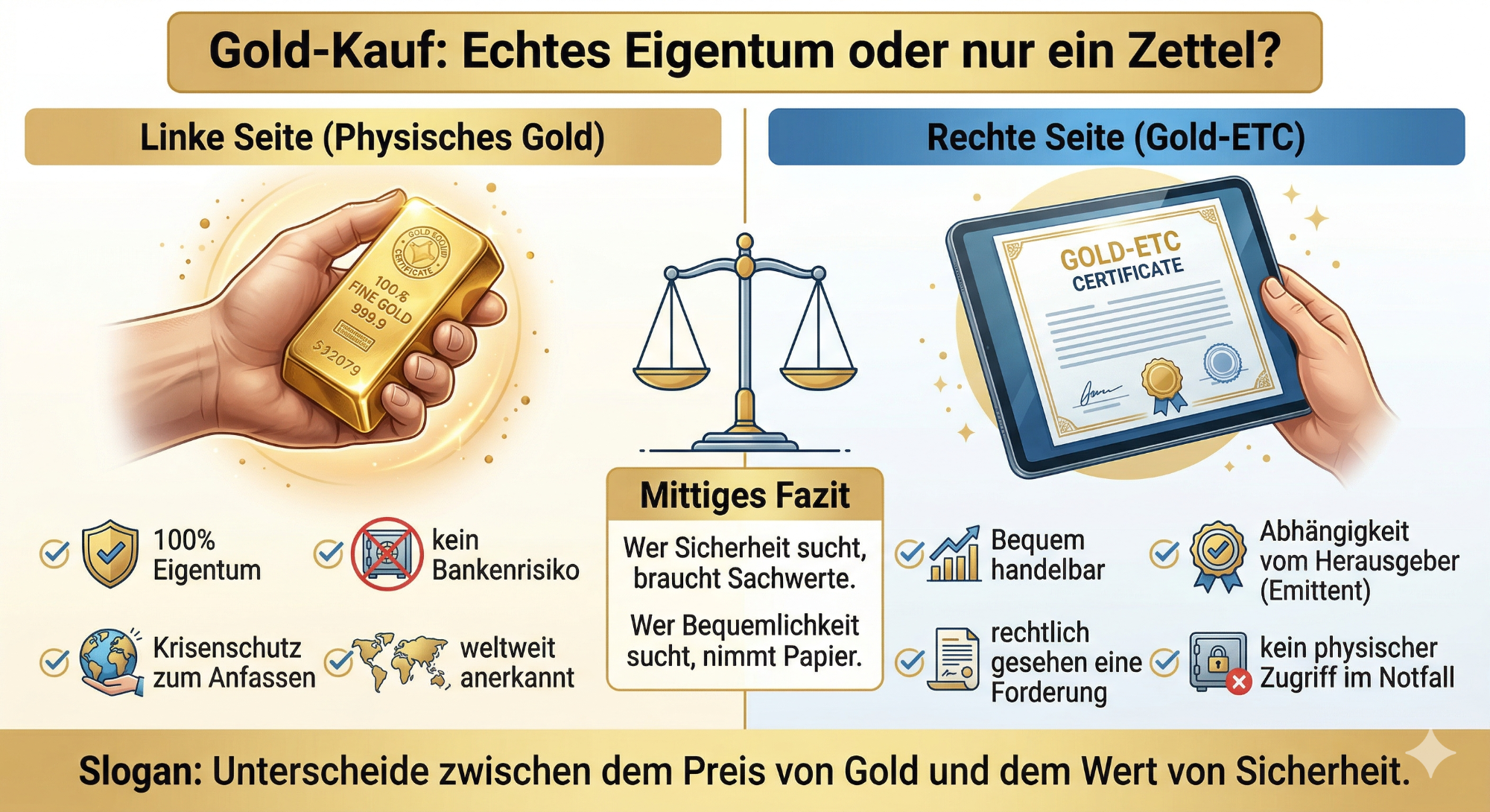 Grafik vergleicht physischen Goldkauf und digitalen Goldbesitz, zeigt Vor- und Nachteile.