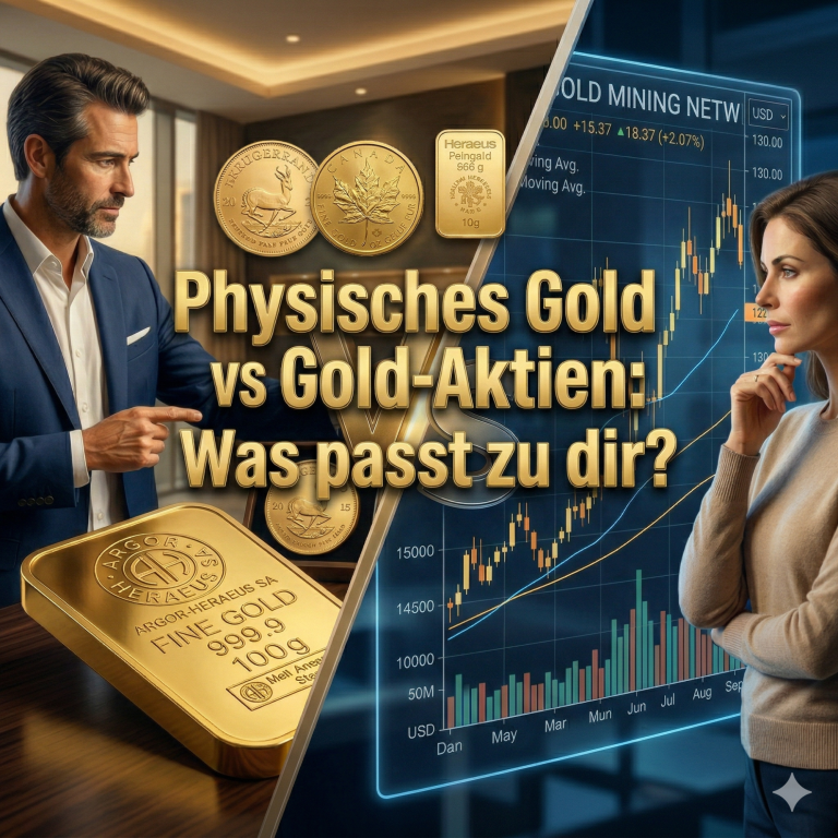 Ein Mann und eine Frau diskutieren über physisches Gold und Gold-Aktien vor einem Diagramm.