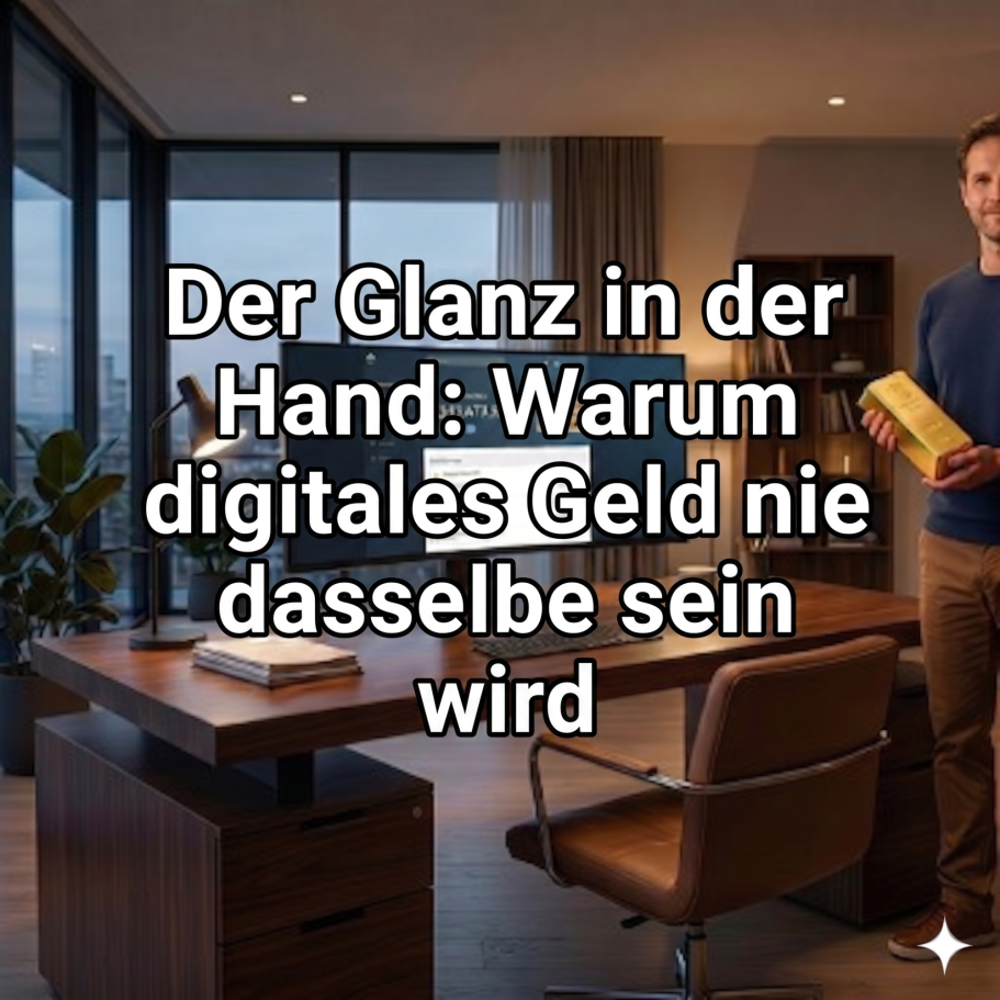 Lektion 59. Ein moderner Arbeitsraum mit einem Mann, der ein Goldbarren in der Hand hält und am Schreibtisch steht.