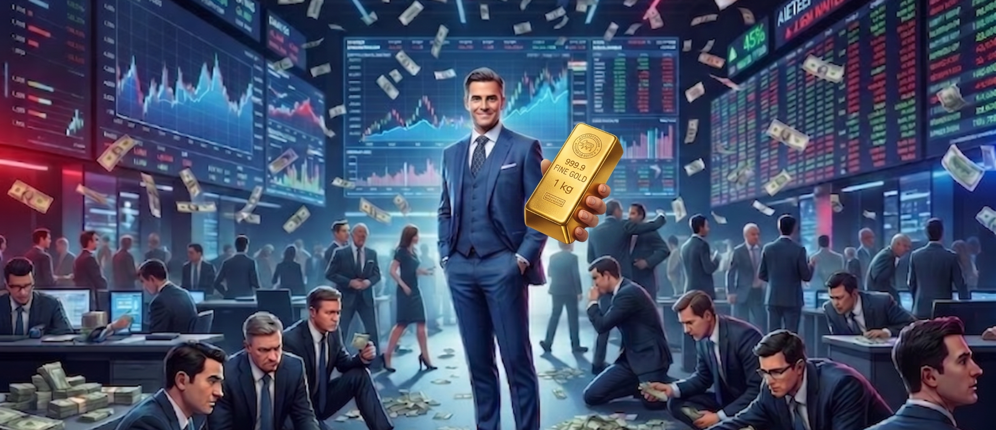 Antizyklisch Gold kaufen Mann im Anzug hält Goldbarren, umgeben von Tradern und Finanzdiagrammen.