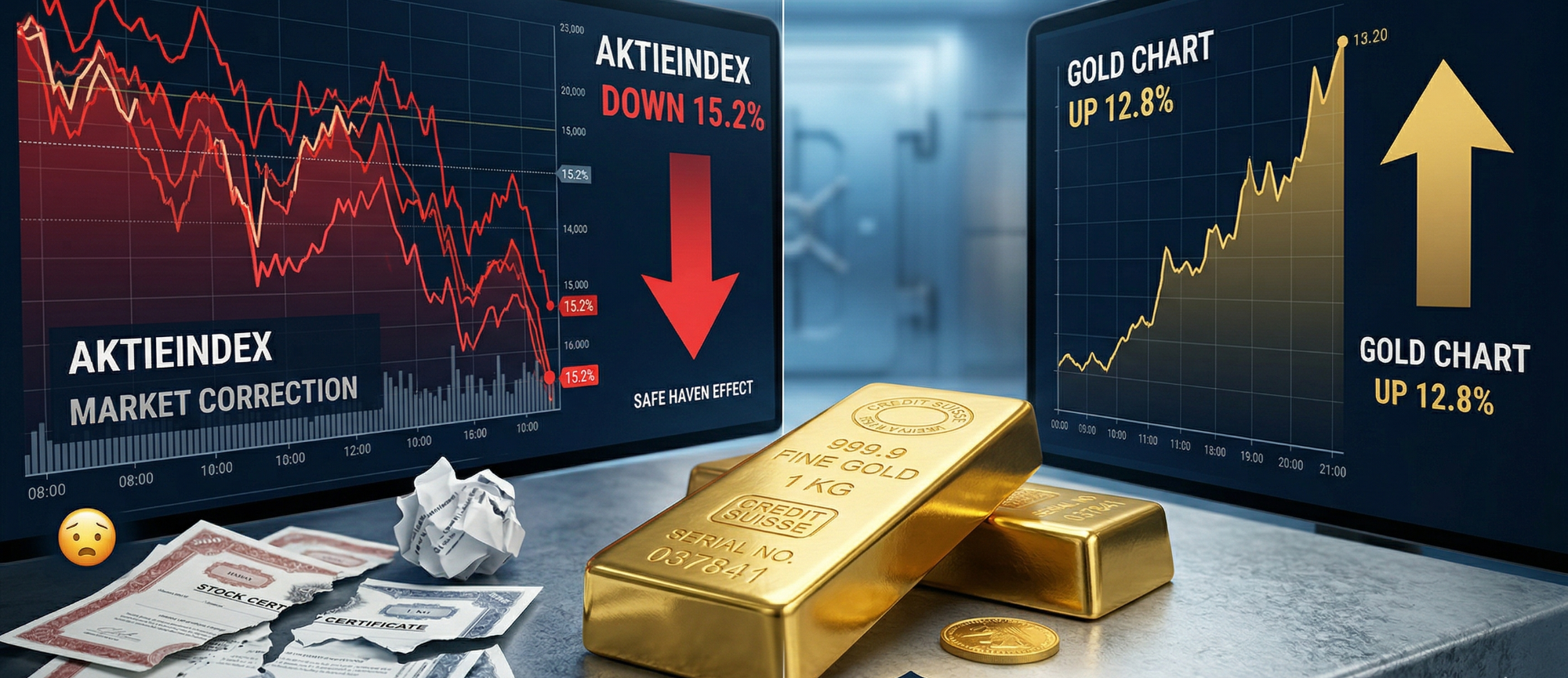 Diagramme zur Marktentwicklung mit fallenden und steigenden Trends sowie Goldbarren.